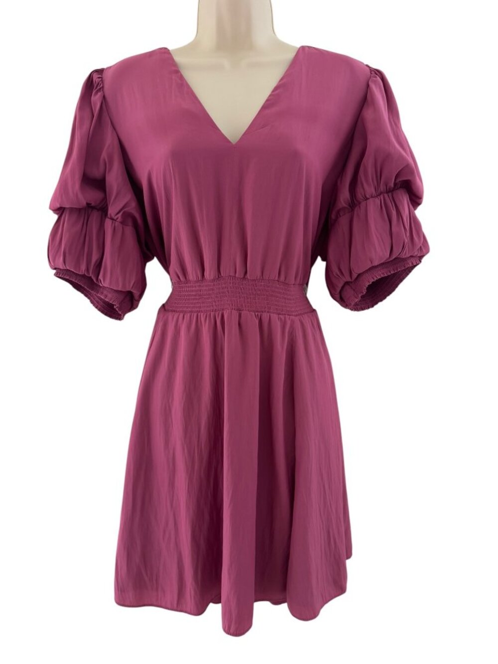1.State Pink V-Neck Tiered Bubble Puff Short-Sleeve Mini Dress Pockets Size XL